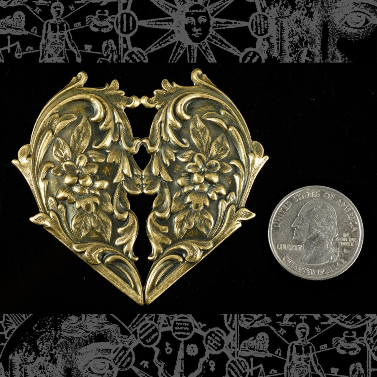 Antiqued Brass Floral Filigree Victorian Heart Pendant - AB-P02